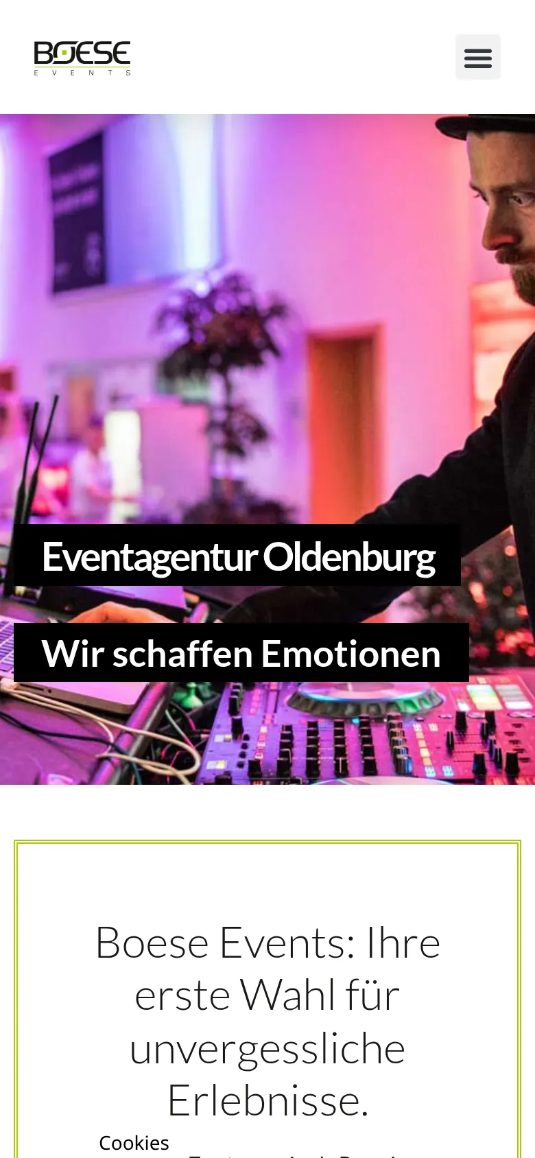 Mobile Ansicht der Website von Boese Events in Oldenburg