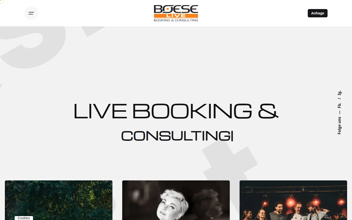 Desktop-Ansicht der Website von Boese Live - Booking und Consulting