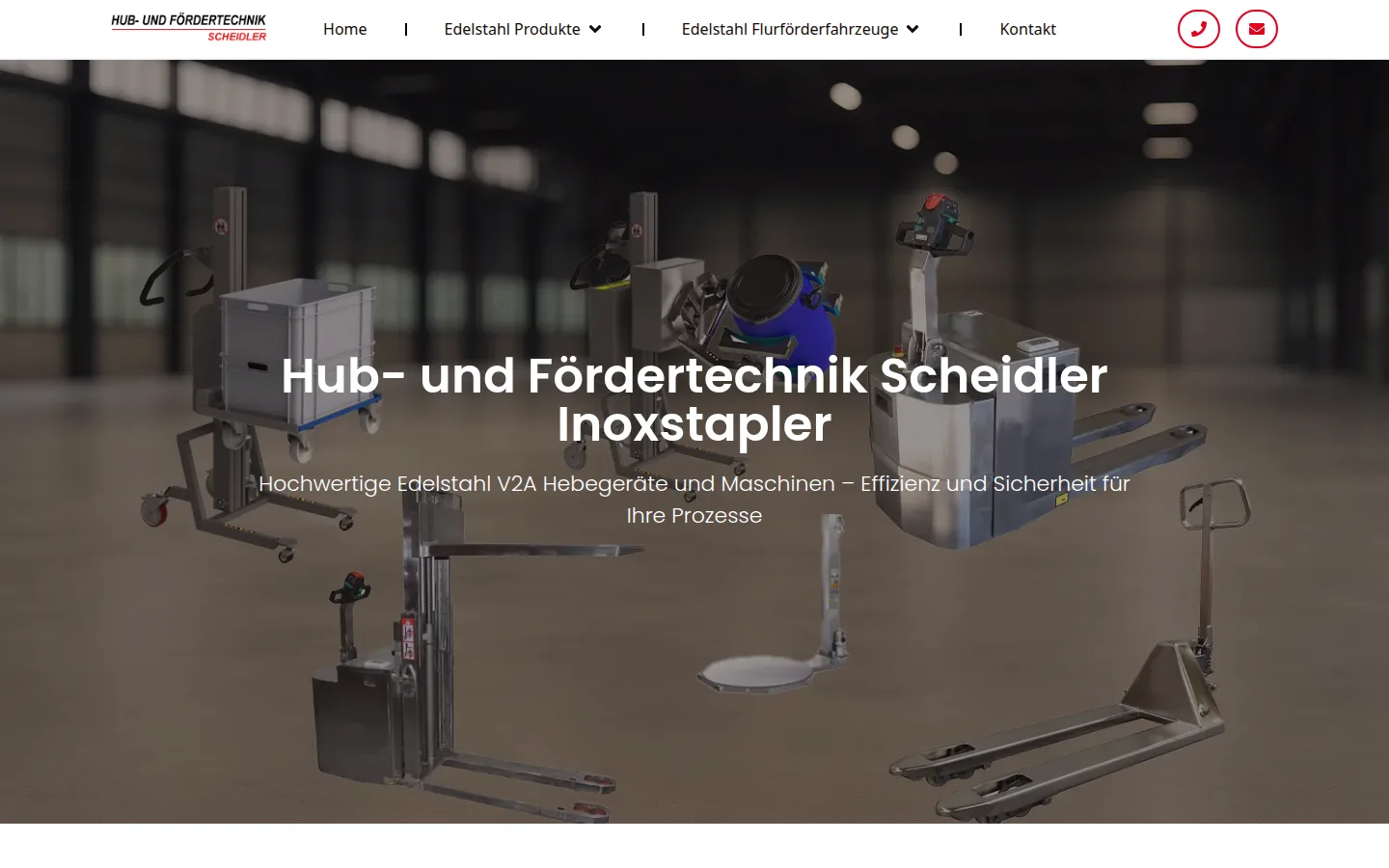 Desktop-Ansicht der Website von Inoxstapler - Hub- und Fördertechnik Scheidler in Oldenburg