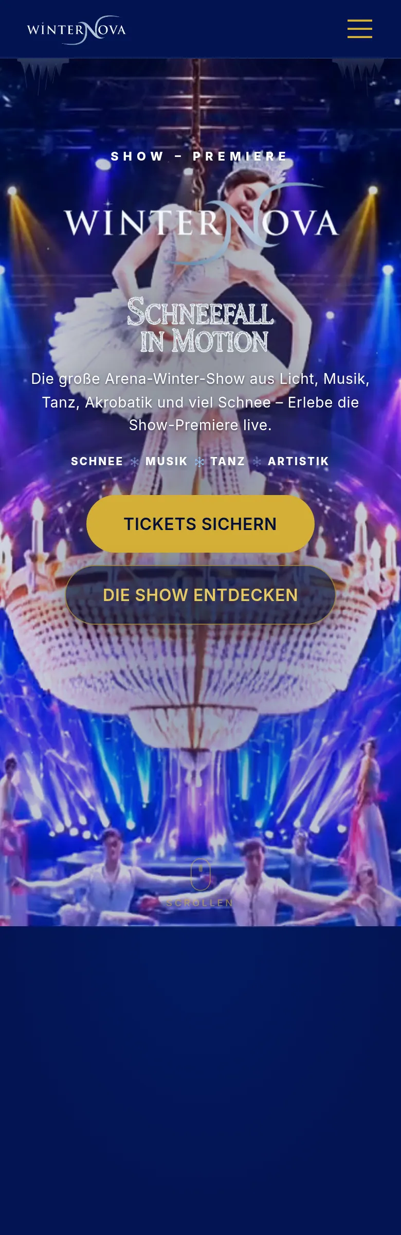 Mobile Ansicht der Website von Winternova – Schneefall in Motion