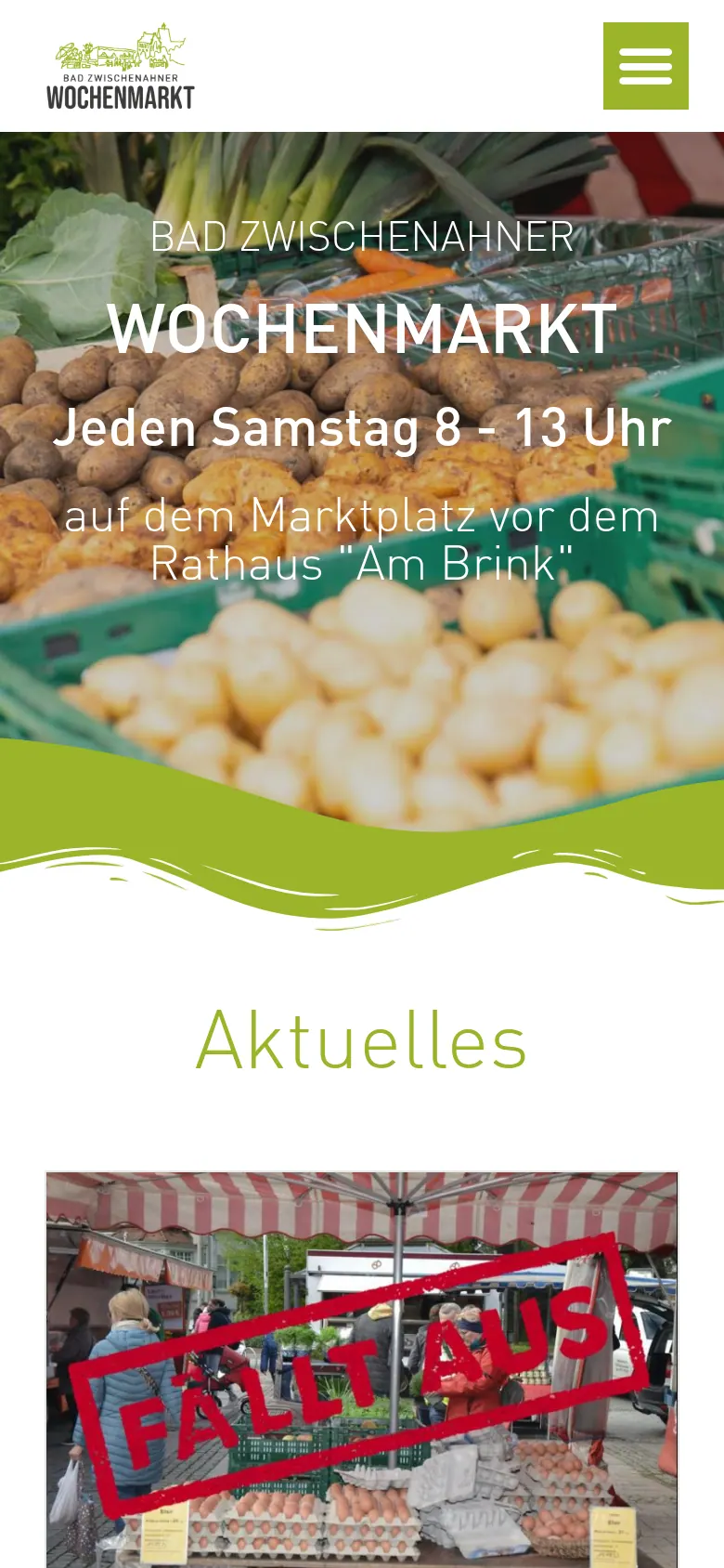 Mobile Ansicht der Website des Bad Zwischenahner Wochenmarkts