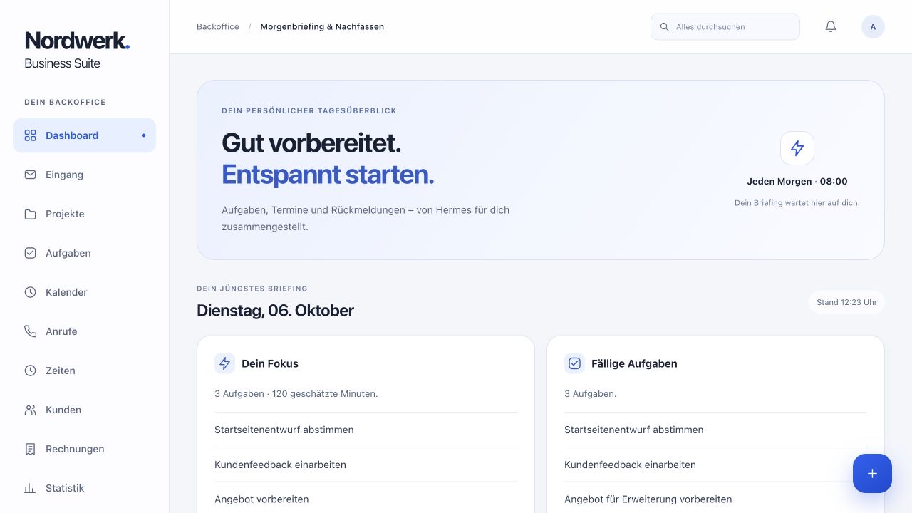 Morgenbriefing mit fälligen Aufgaben, Terminen und offenen Rückmeldungen. Beispielansicht mit fiktiven Demonstrationsdaten.