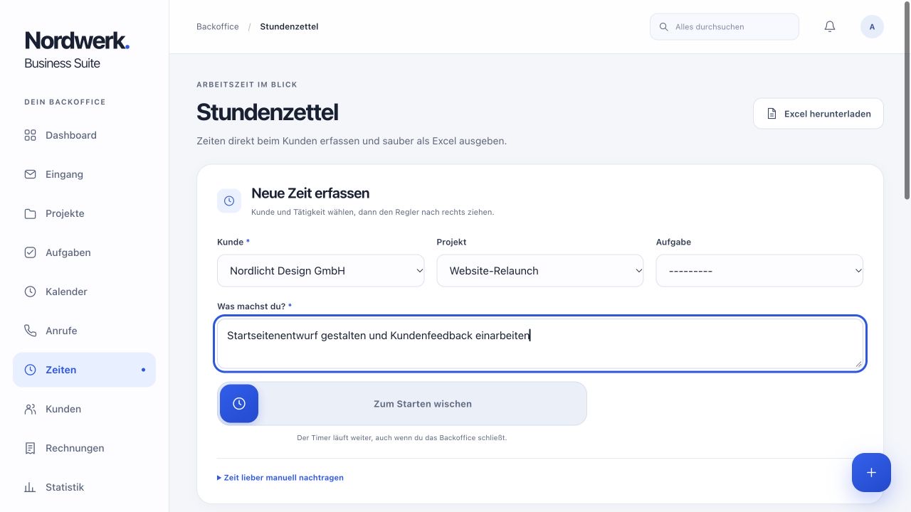 Zeiterfassung mit Zuordnung zu Kunde und Projekt. Beispielansicht mit fiktiven Demonstrationsdaten.